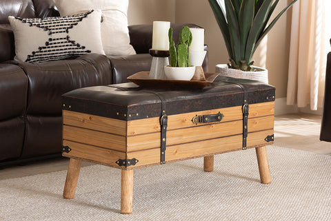 Baxton Studio Amena Rustic Transitional Dark Brown PU Leather Upholstered and Oak Finished Wood Large Storage Ottoman