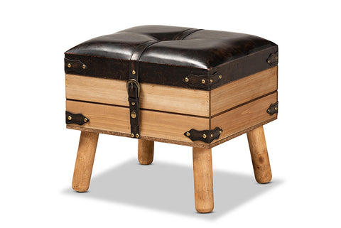Baxton Studio Amena Rustic Transitional Dark Brown PU Leather Upholstered and Oak Finished Wood Small Storage Ottoman