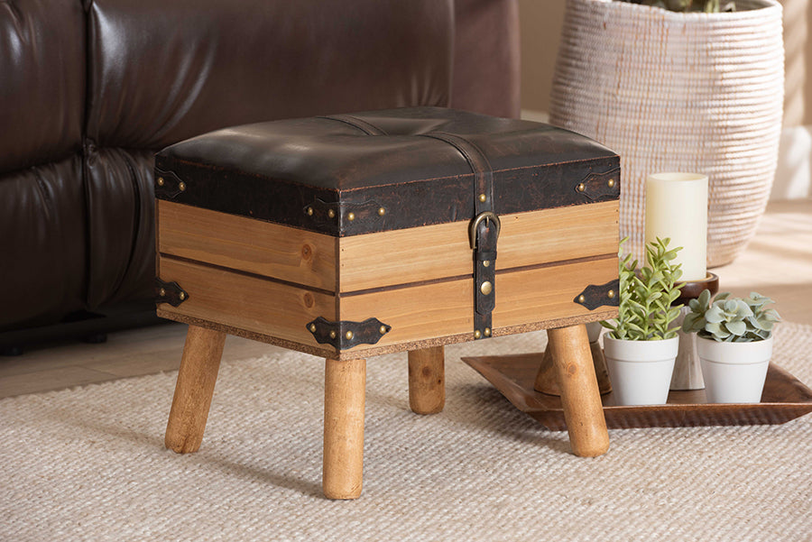 Baxton Studio Amena Rustic Transitional Dark Brown PU Leather Upholstered and Oak Finished Wood Small Storage Ottoman