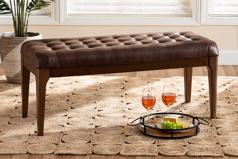 Baxton Studio Walsh Mid-Century Modern Dark Brown Leather-Effect Polyester Fabric Upholstered and Walnut Brown Finished Wood Dining Bench