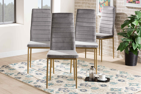 Baxton Studio Armand Modern Glam and Luxe Grey Velvet Fabric Upholstered and Gold Finished Metal 4-Piece Dining Chair Set