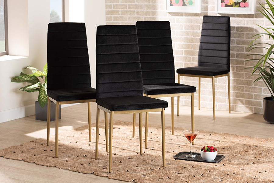 Baxton Studio Armand Modern Glam and Luxe Black Velvet Fabric Upholstered and Gold Finished Metal 4-Piece Dining Chair Set