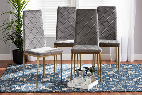 Baxton Studio Blaise Modern Luxe and Glam Grey Velvet Fabric Upholstered and Gold Finished Metal 4-Piece Dining Chair Set