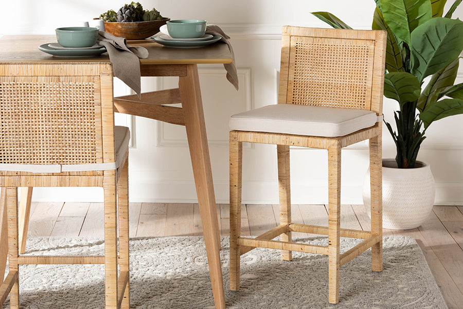 bali & pari Sofia Modern and Contemporary Natural Finished Wood and Rattan Counter Stool