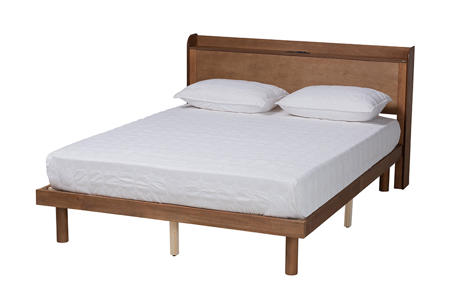 Baxton Studio Decker Mid-Century Modern Transitional Walnut Brown Finished Wood Full Size Platform Bed with Charging Station