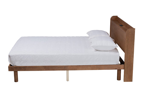 Baxton Studio Decker Mid-Century Modern Transitional Walnut Brown Finished Wood Queen Size Platform Bed with Charging Station