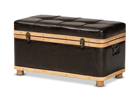 Baxton Studio Gendry Modern Rustic Transitional Dark Brown Faux Leather Upholstered and Oak Brown Finished Wood Large Storage Ottoman
