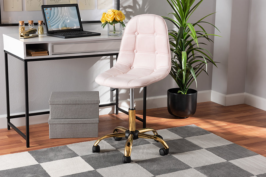 Baxton Studio Kabira Contemporary Glam and Luxe Blush Pink Velvet Fabric and Gold Metal Swivel Office chair