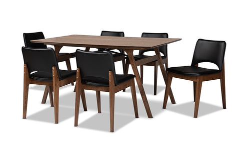 Baxton Studio Afton Mid-Century Modern Black Faux Leather Upholstered and Walnut Brown Finished Wood 7-Piece Dining Set
