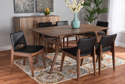 Baxton Studio Afton Mid-Century Modern Black Faux Leather Upholstered and Walnut Brown Finished Wood 7-Piece Dining Set