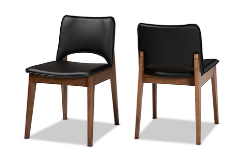 Baxton Studio Afton Mid-Century Modern Black Faux Leather Upholstered and Walnut Brown Finished Wood 2-Piece Dining Chair Set