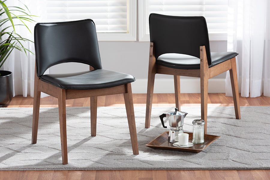 Baxton Studio Afton Mid-Century Modern Black Faux Leather Upholstered and Walnut Brown Finished Wood 2-Piece Dining Chair Set