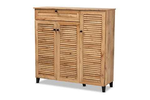 Baxton Studio Coolidge Modern and Contemporary Oak Brown Finished Wood 3-Door Shoe Storage Cabinet with Drawer