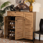 Baxton Studio Coolidge Modern and Contemporary Oak Brown Finished Wood 3-Door Shoe Storage Cabinet with Drawer