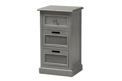 Baxton Studio Sheldon Modern and Contemporary Vintage Grey Finished Wood and Synthetic Rattan 3-Drawer End Table