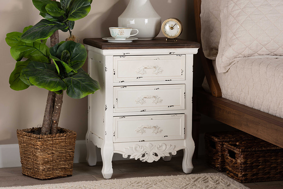 Baxton Studio Levron Classic and Traditional Walnut Brown and Antique White Finished Wood 3-Drawer End Table