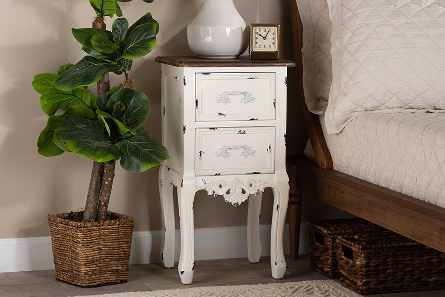 Baxton Studio Levron Classic and Traditional Two-Tone Walnut Brown and Antique White Finished Wood 2-Drawer End Table