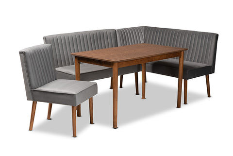 Baxton Studio Alvis Mid-Century Modern Grey Velvet Upholstered and Walnut Brown Finished Wood 4-Piece Dining Nook Set