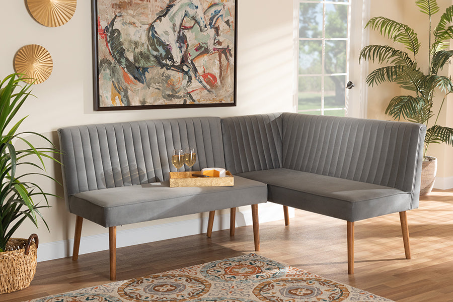 Baxton Studio Alvis Mid-Century Modern Grey Velvet Upholstered and Walnut Brown Finished Wood 2-Piece Dining Nook Banquette Set