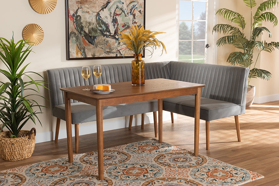 Baxton Studio Alvis Mid-Century Modern Grey Velvet Upholstered and Walnut Brown Finished Wood 3-Piece Dining Nook Set