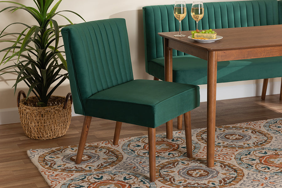 Baxton Studio Alvis Mid-Century Modern Emerald Green Velvet Upholstered and Walnut Brown Finished Wood Dining Chair