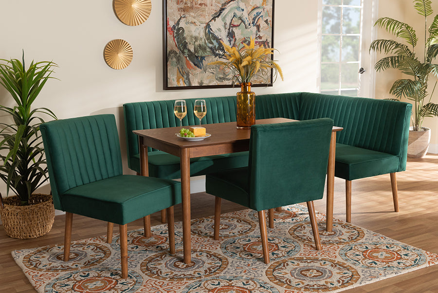 Baxton Studio Alvis Mid-Century Modern Emerald Green Velvet Upholstered and Walnut Brown Finished Wood 5-Piece Dining Nook Set