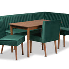 Baxton Studio Alvis Mid-Century Modern Emerald Green Velvet Upholstered and Walnut Brown Finished Wood 5-Piece Dining Nook Set