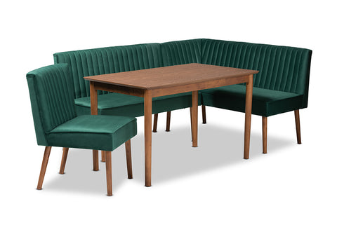 Baxton Studio Alvis Mid-Century Modern Emerald Green Velvet Upholstered and Walnut Brown Finished Wood 4-Piece Dining Nook Set