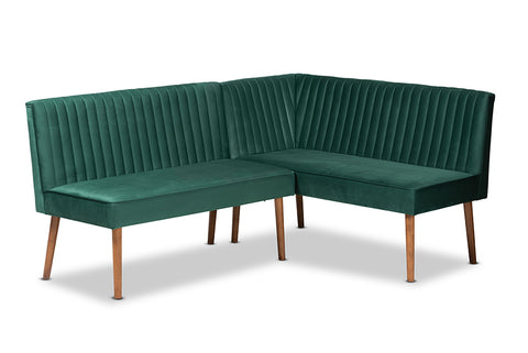 Baxton Studio Alvis Mid-Century Modern Emerald Green Velvet Upholstered and Walnut Brown Finished Wood 2-Piece Dining Nook Banquette Set