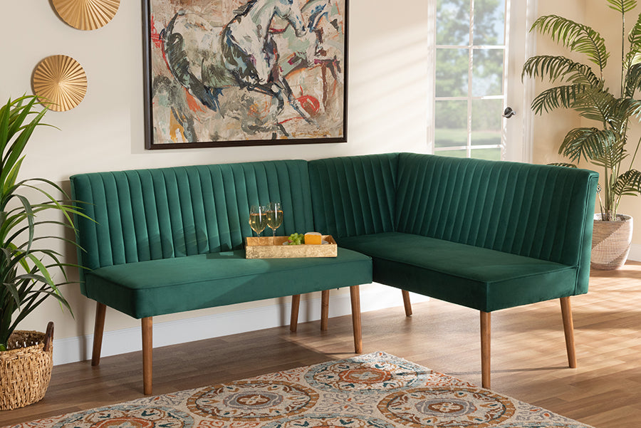 Baxton Studio Alvis Mid-Century Modern Emerald Green Velvet Upholstered and Walnut Brown Finished Wood 2-Piece Dining Nook Banquette Set