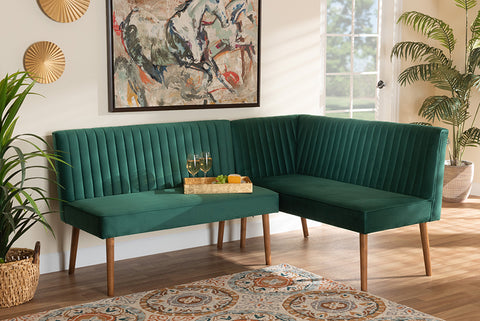Baxton Studio Alvis Mid-Century Modern Emerald Green Velvet Upholstered and Walnut Brown Finished Wood 2-Piece Dining Nook Banquette Set