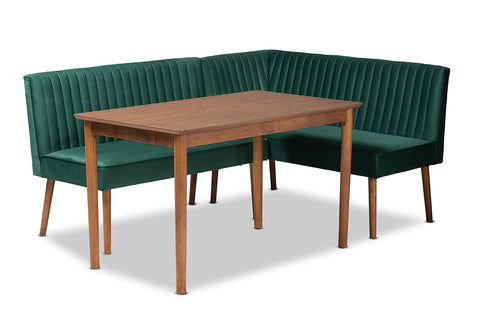 Baxton Studio Alvis Mid-Century Modern Emerald Green Velvet Upholstered and Walnut Brown Finished Wood 3-Piece Dining Nook Set