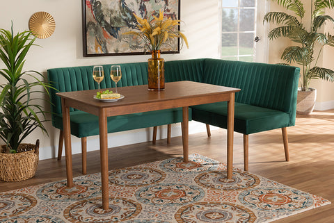 Baxton Studio Alvis Mid-Century Modern Emerald Green Velvet Upholstered and Walnut Brown Finished Wood 3-Piece Dining Nook Set