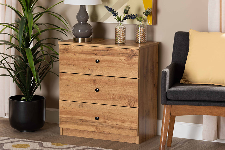 Baxton Studio Decon Modern and Contemporary Oak Brown Finished Wood 3-Drawer Storage Chest