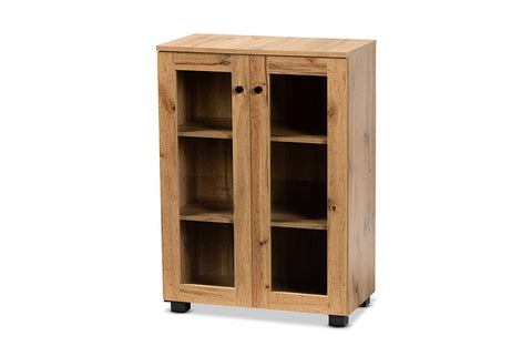Baxton Studio Mason Modern and Contemporary Oak Brown Finished Wood 2-Door Storage Cabinet with Glass Doors