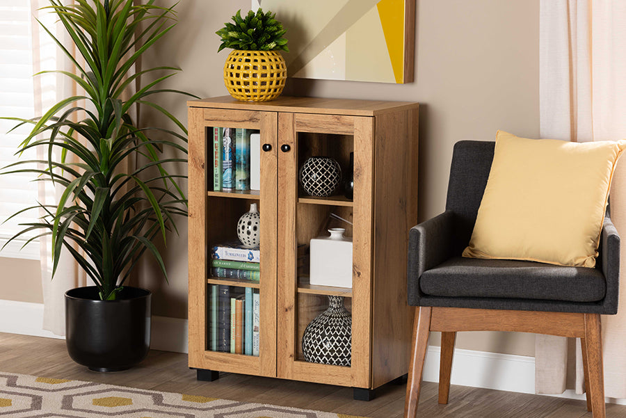 Baxton Studio Mason Modern and Contemporary Oak Brown Finished Wood 2-Door Storage Cabinet with Glass Doors