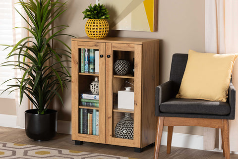 Baxton Studio Mason Modern and Contemporary Oak Brown Finished Wood 2-Door Storage Cabinet with Glass Doors