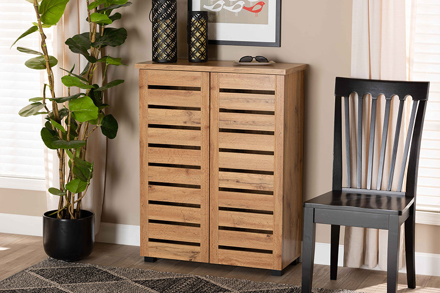 Baxton Studio Adalwin Modern and Contemporary Oak Brown Finished Wood 2-Door Shoe Storage Cabinet