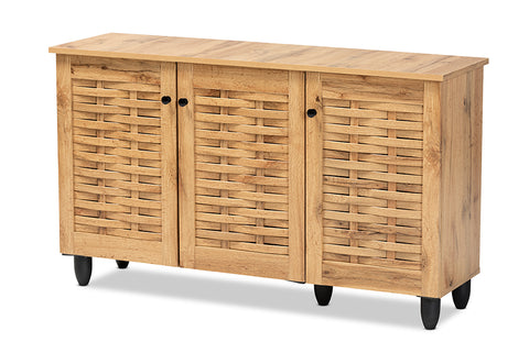 Baxton Studio Winda Modern and Contemporary Oak Brown Finished Wood 3-Door Shoe Cabinet