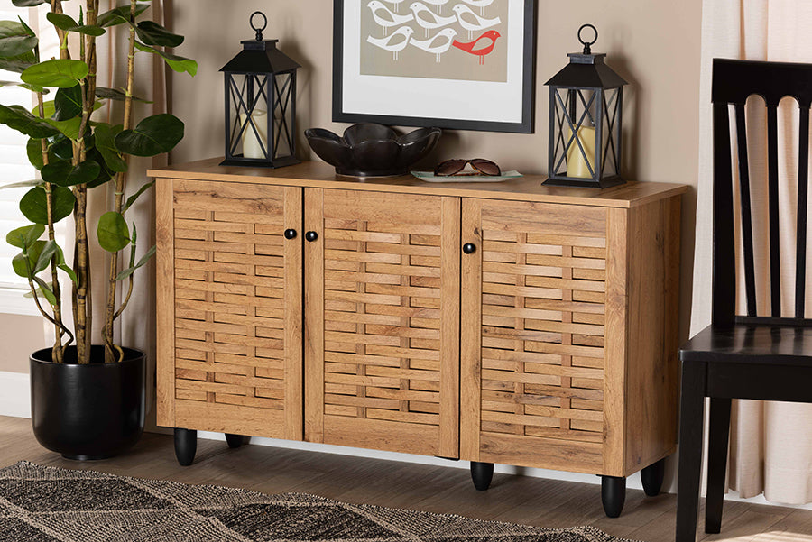 Baxton Studio Winda Modern and Contemporary Oak Brown Finished Wood 3-Door Shoe Cabinet