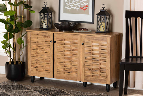 Baxton Studio Winda Modern and Contemporary Oak Brown Finished Wood 3-Door Shoe Cabinet