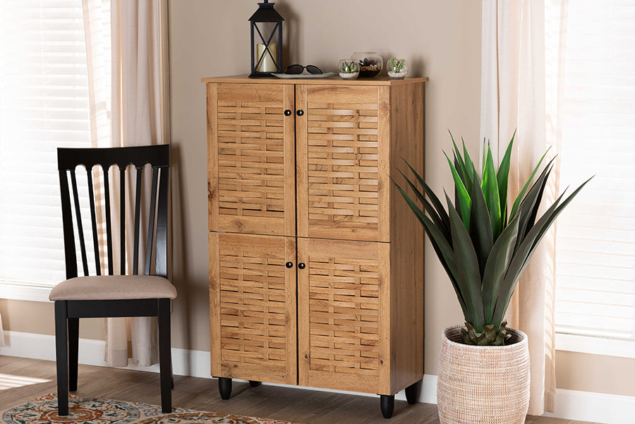 Baxton Studio Winda Modern and Contemporary Oak Brown Finished Wood 4-Door Shoe Storage Cabinet