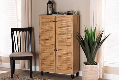 Baxton Studio Winda Modern and Contemporary Oak Brown Finished Wood 4-Door Shoe Storage Cabinet