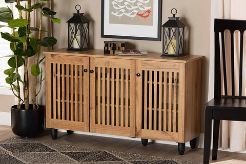 Baxton Studio Fernanda Modern and Contemporary Oak Brown Finished Wood 3-Door Shoe Cabinet