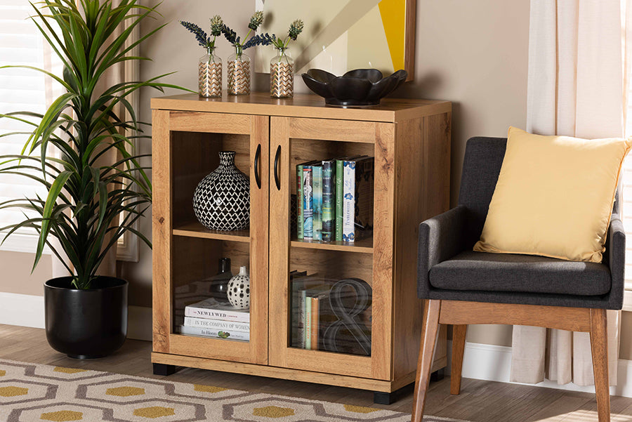 Baxton Studio Zentra Modern and Contemporary Oak Brown Finished Wood 2-Door Storage Cabinet with Glass Doors