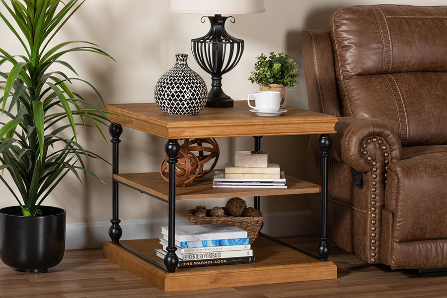 Baxton Studio Sebastian Traditional Industrial Oak Brown Finished Wood and Black Metal 3-Tier End Table