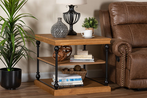 Baxton Studio Sebastian Traditional Industrial Oak Brown Finished Wood and Black Metal 3-Tier End Table