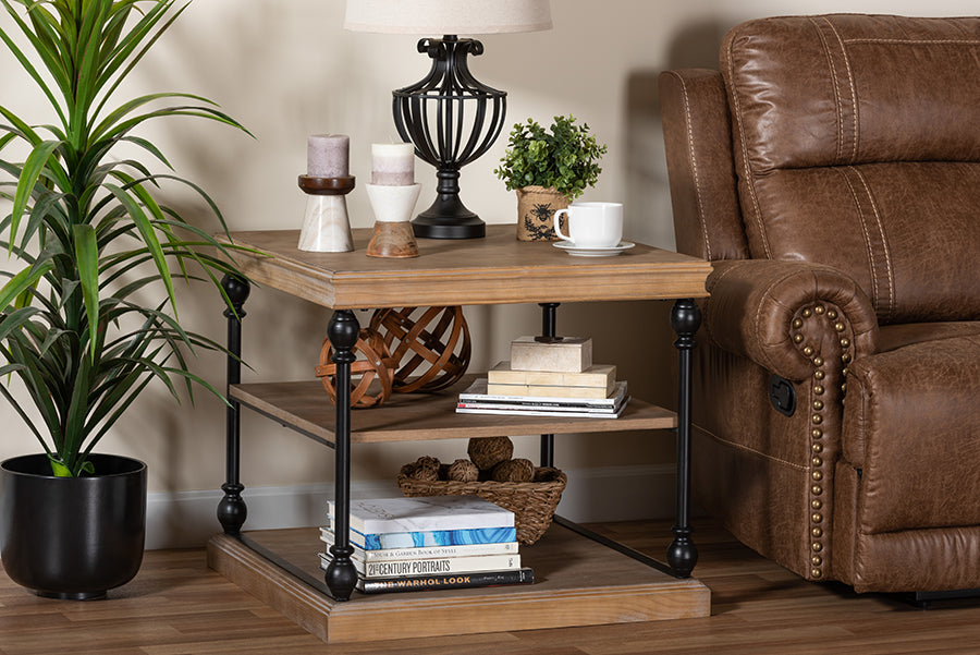 Baxton Studio Sebastian Traditional Industrial Greywashed Wood and Black Metal 3-Tier End Table