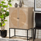 Baxton Studio Ardon Bohemian Light Brown Finished Wood and Black Metal 2-Door Storage Cabinet with Natural Rattan