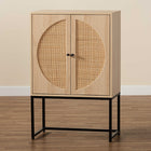 Baxton Studio Ardon Bohemian Light Brown Finished Wood and Black Metal 2-Door Storage Cabinet with Natural Rattan